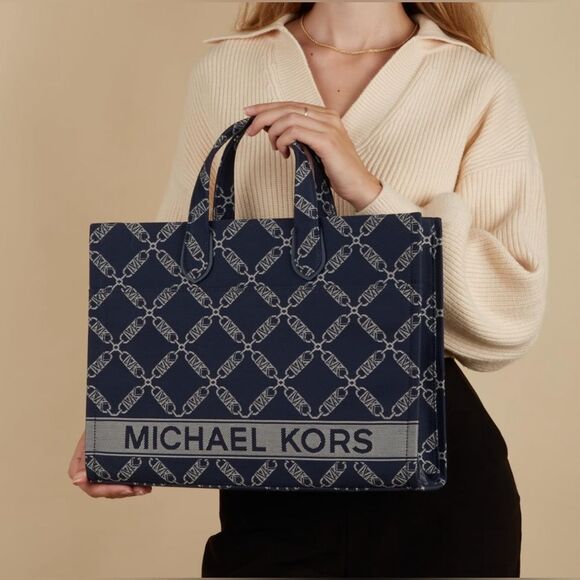 Michael Kors Gigi Large Grab Monogram Denim Tote Bag, Navy, NWT - Picture 7 of 15